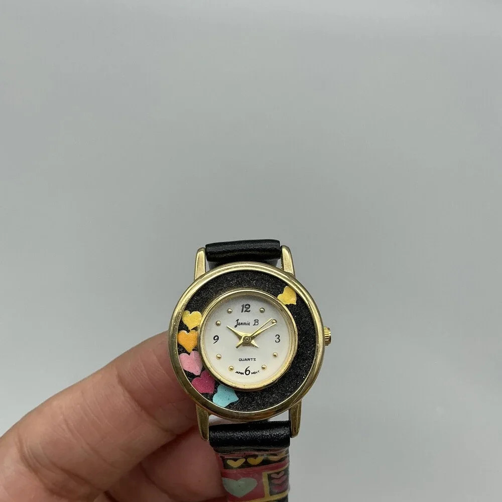 Jennie B Women Watch 24mm White Dial Black Hearts Design Band Gold Tone New Batt